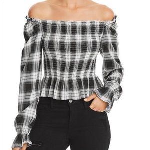 Peplum Tai Off Shoulder Black & White Plaid Top M